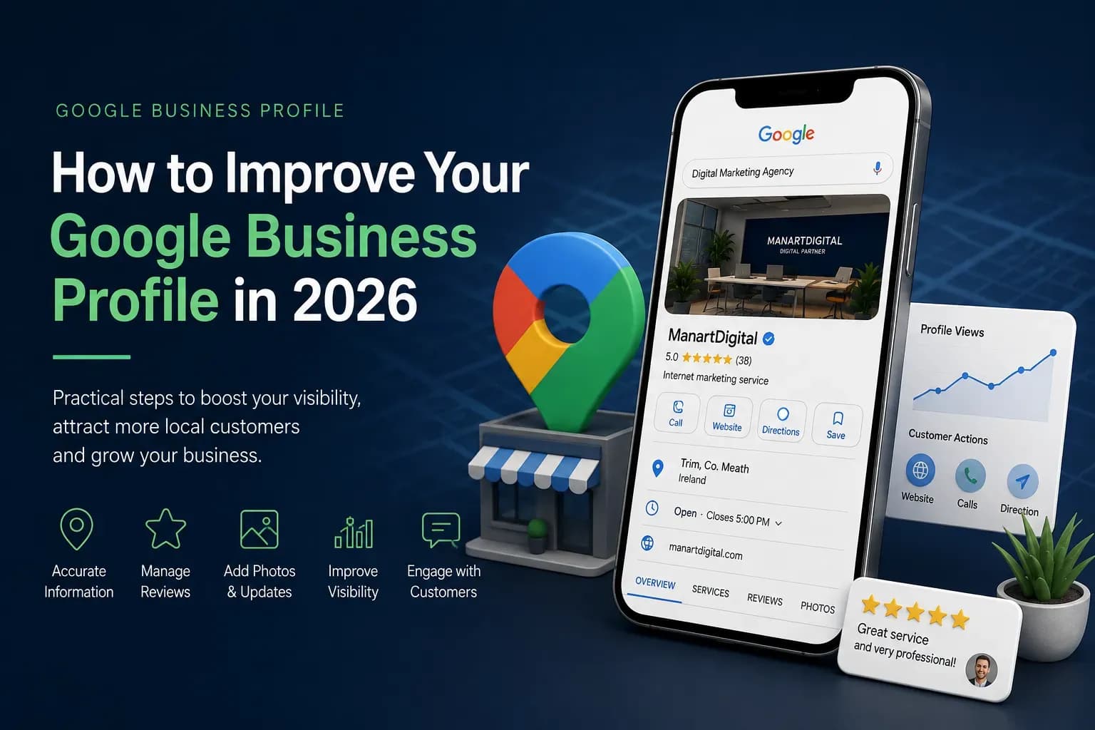 Google Business Profile optimisation in 2026 showing local search visibility, customer reviews, business information and profile performance.