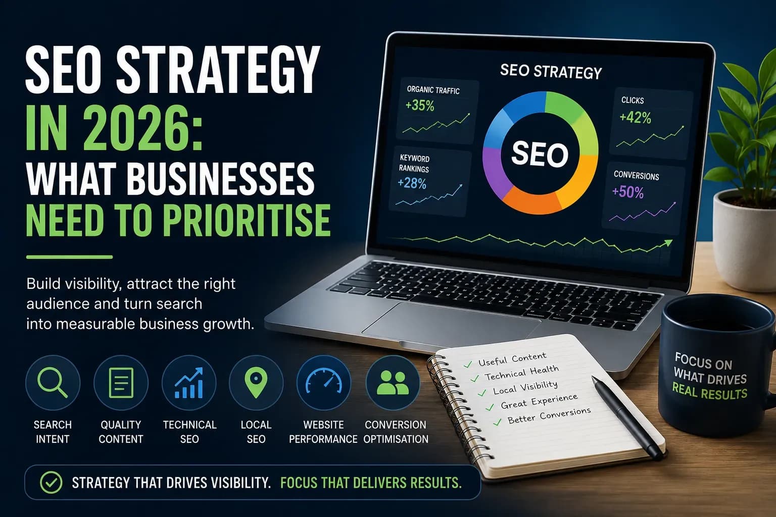 SEO strategy in 2026 showing search intent, quality content, technical SEO, local SEO, website performance and conversion optimisation.