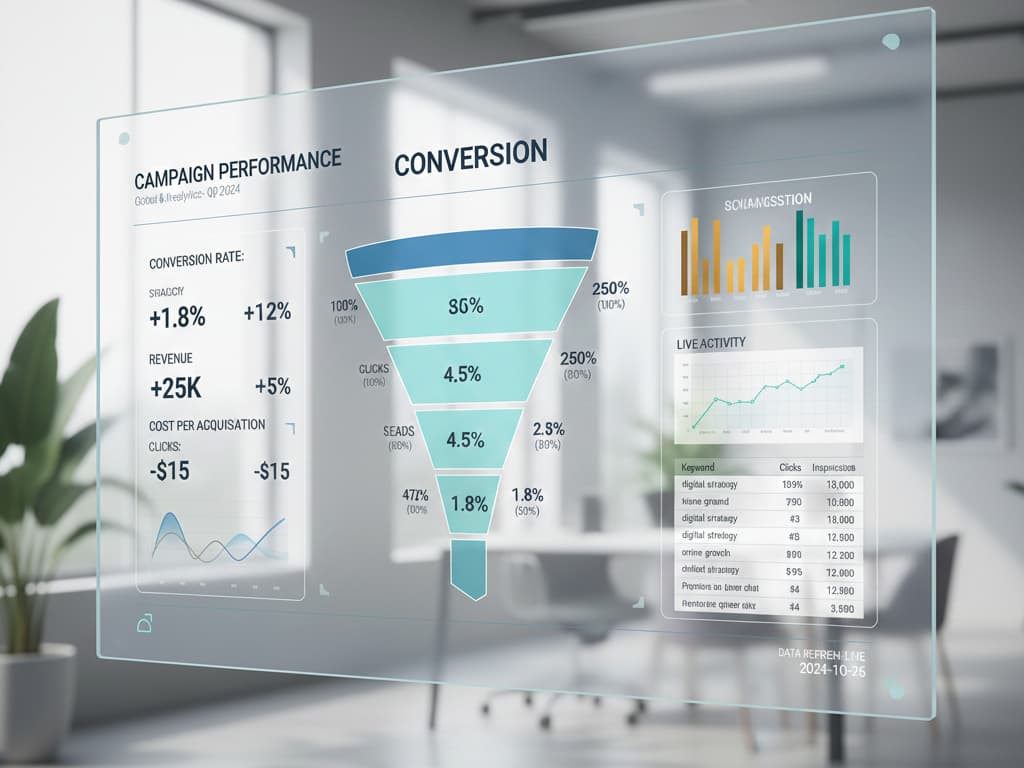 Conversion funnel visual, analytics dashboard, or campaign performance overview.