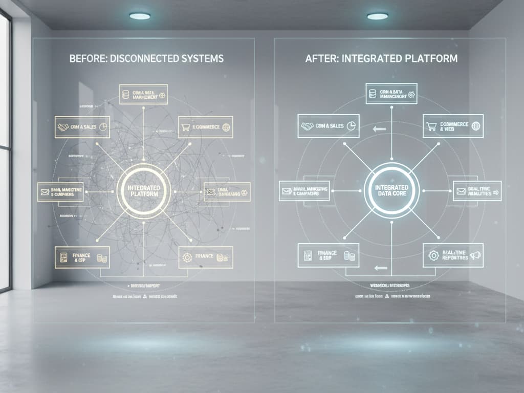 Before/after systems diagram or layered tech stack visual.