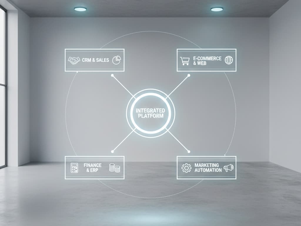 Diagram-style visual of connected systems (CRM, e-commerce, finance, automation).