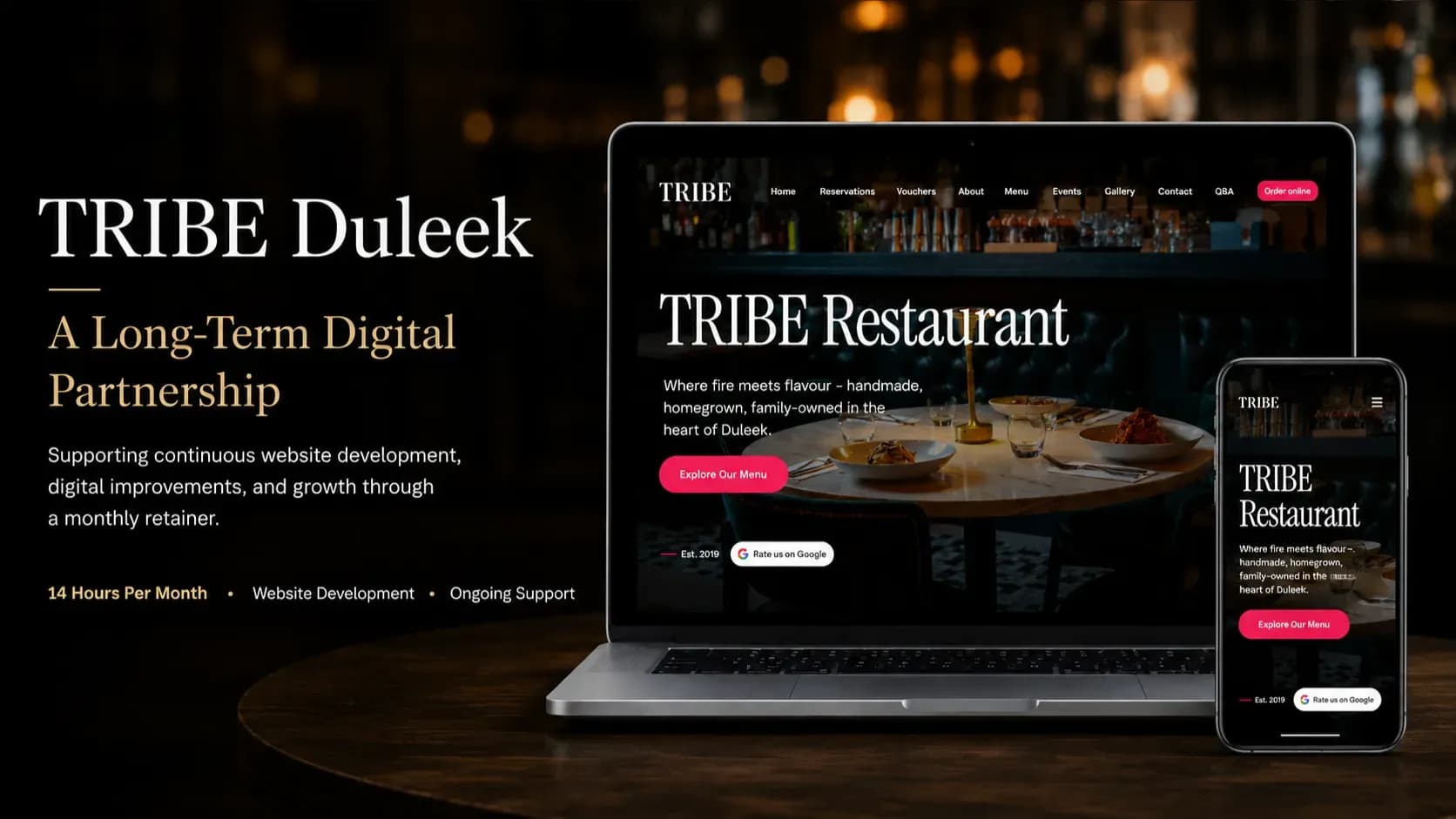 TRIBE Duleek responsive restaurant website displayed on desktop and mobile devices, highlighting ongoing website development, support, and digital growth by ManArt Digital.