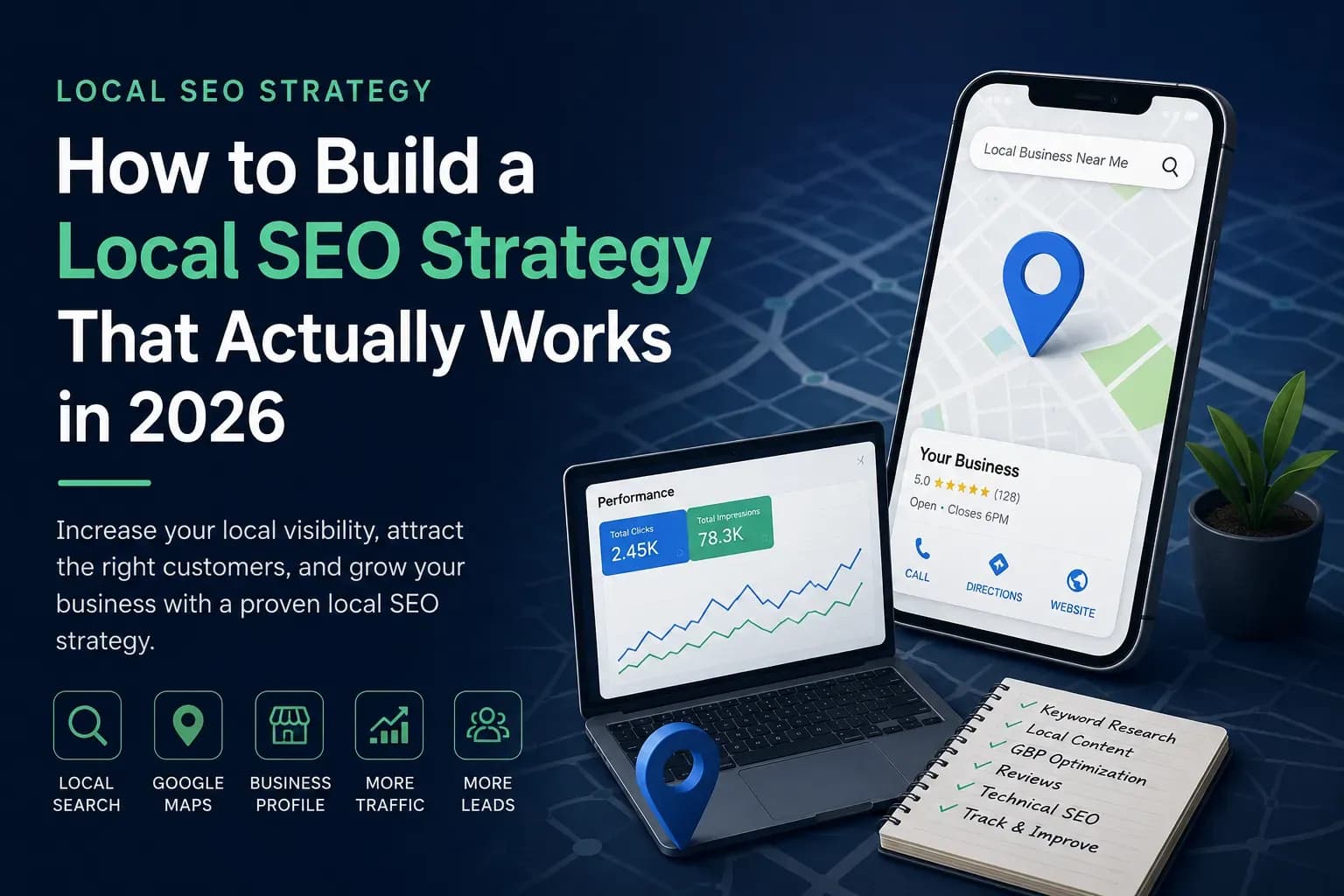 Local SEO strategy for 2026 showing Google Maps visibility, business profile optimisation, search performance and lead growth.