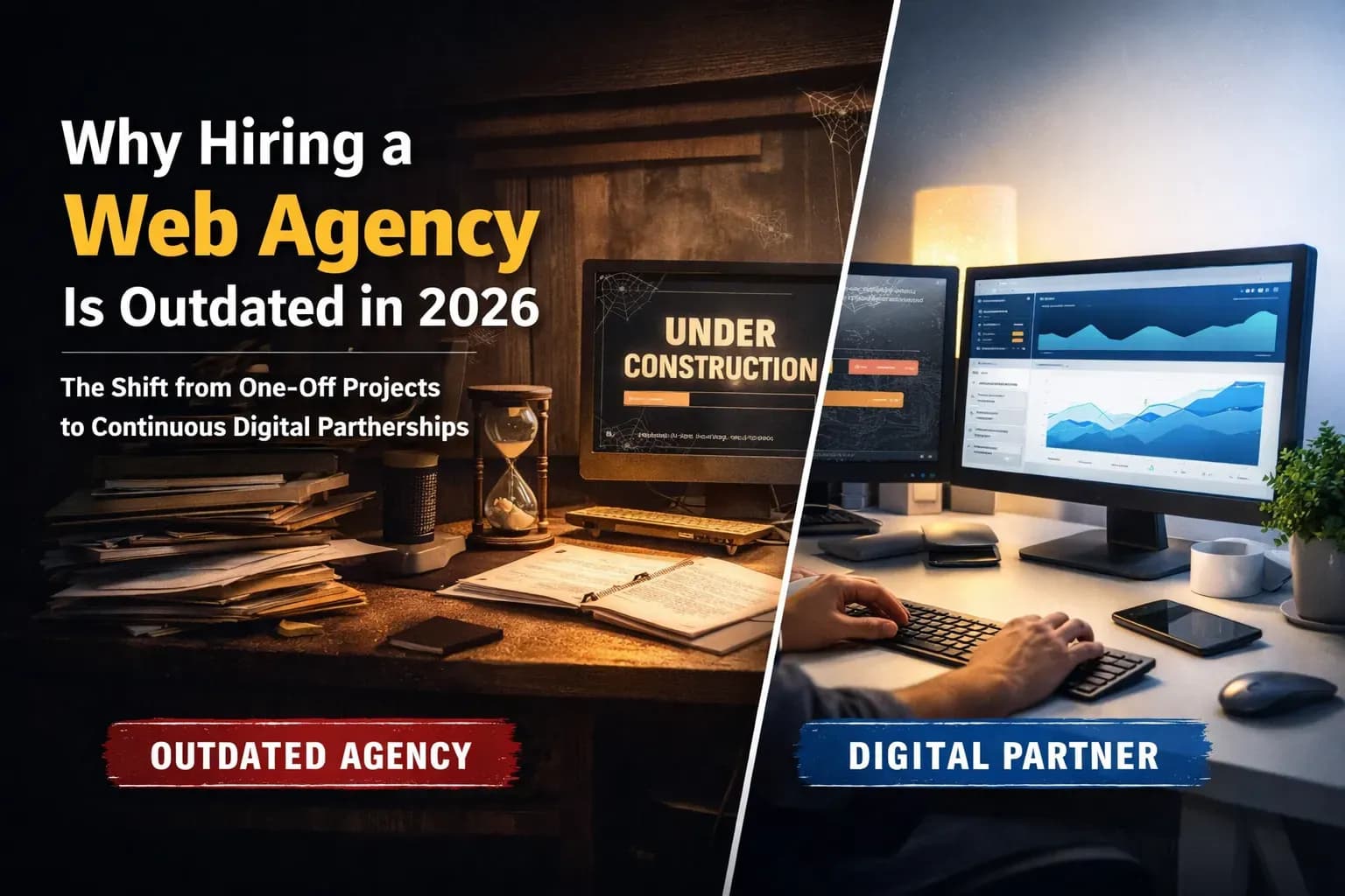 Outdated web agency vs modern digital partner comparison with analytics dashboard and active optimisation.